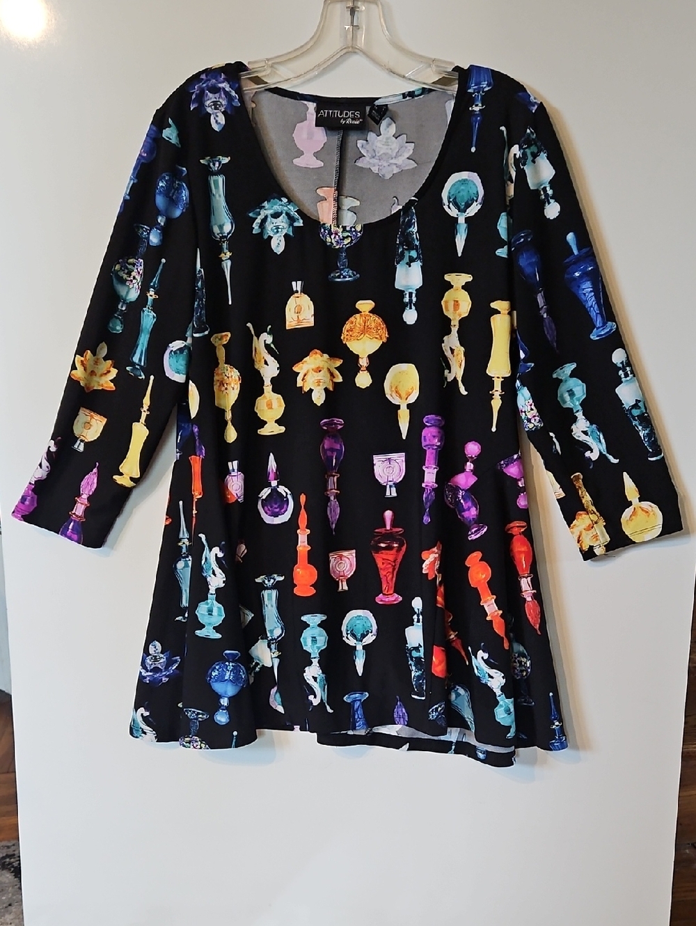 Attitudes by Renee Black Top Tunic with Multicolor Perfume Bottle Print Med